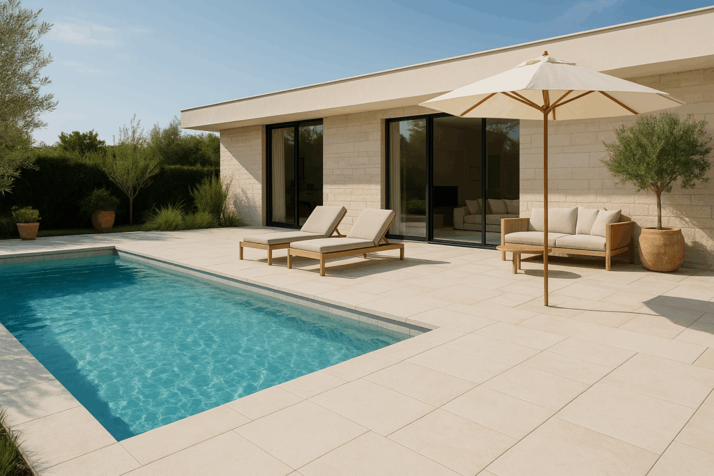 Terrasse en pierre naturelle piscine