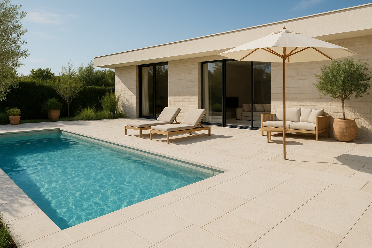 Terrasse en pierre naturelle piscine