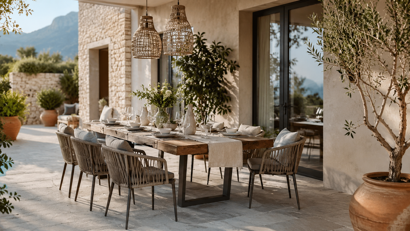 Espace repas extérieur avec dallage en pierre naturelle gris clair