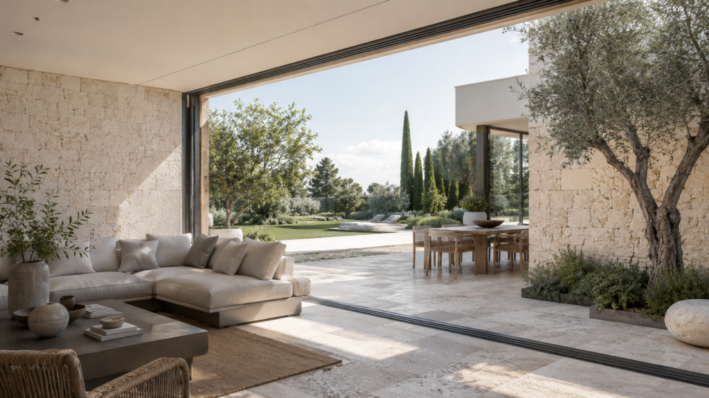 Pierre naturelle dans une maison contemporaine ouverte sur le jardin