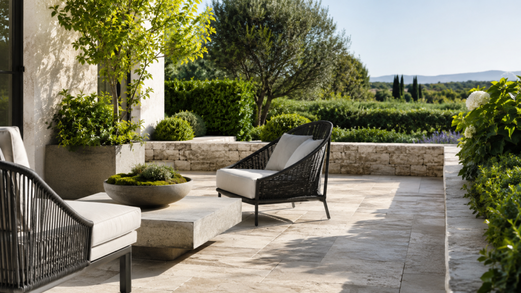 Terrasse élégante en pierre naturelle dans un jardin raffiné