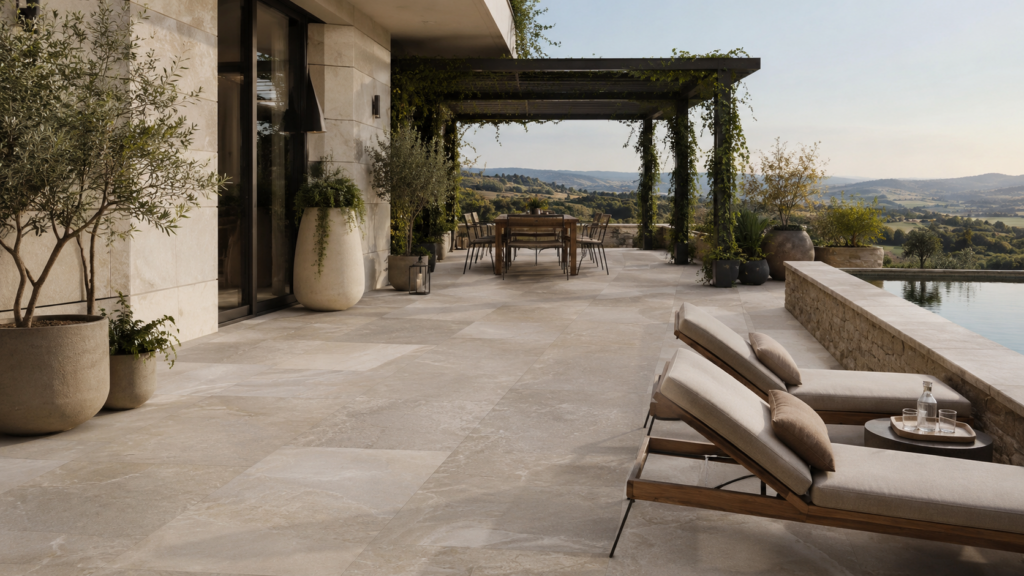 Terrasse élégante en dallage pierre naturelle avec finitions raffinées
