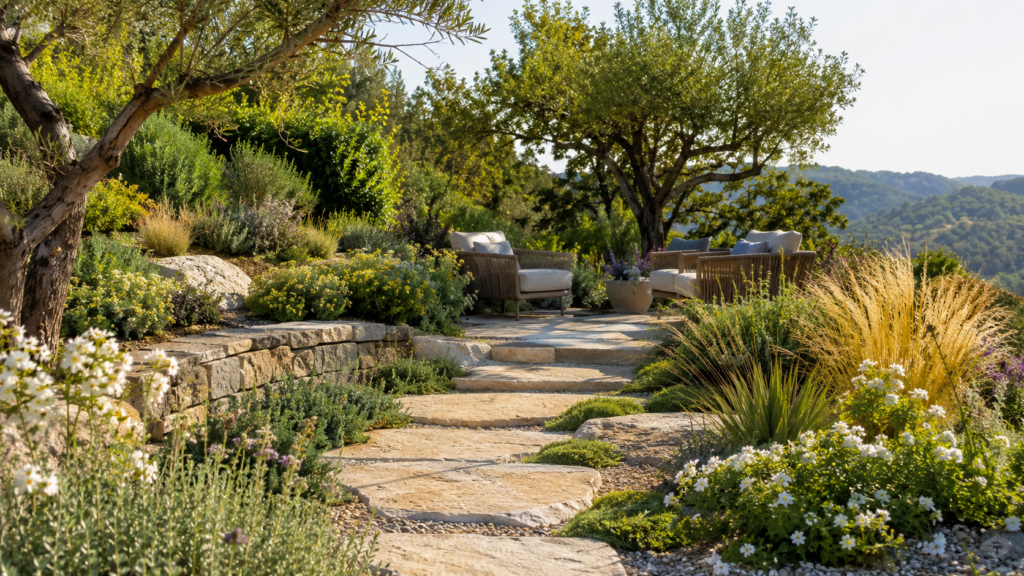 Jardin raffiné avec allée et coin détente en pierre naturelle