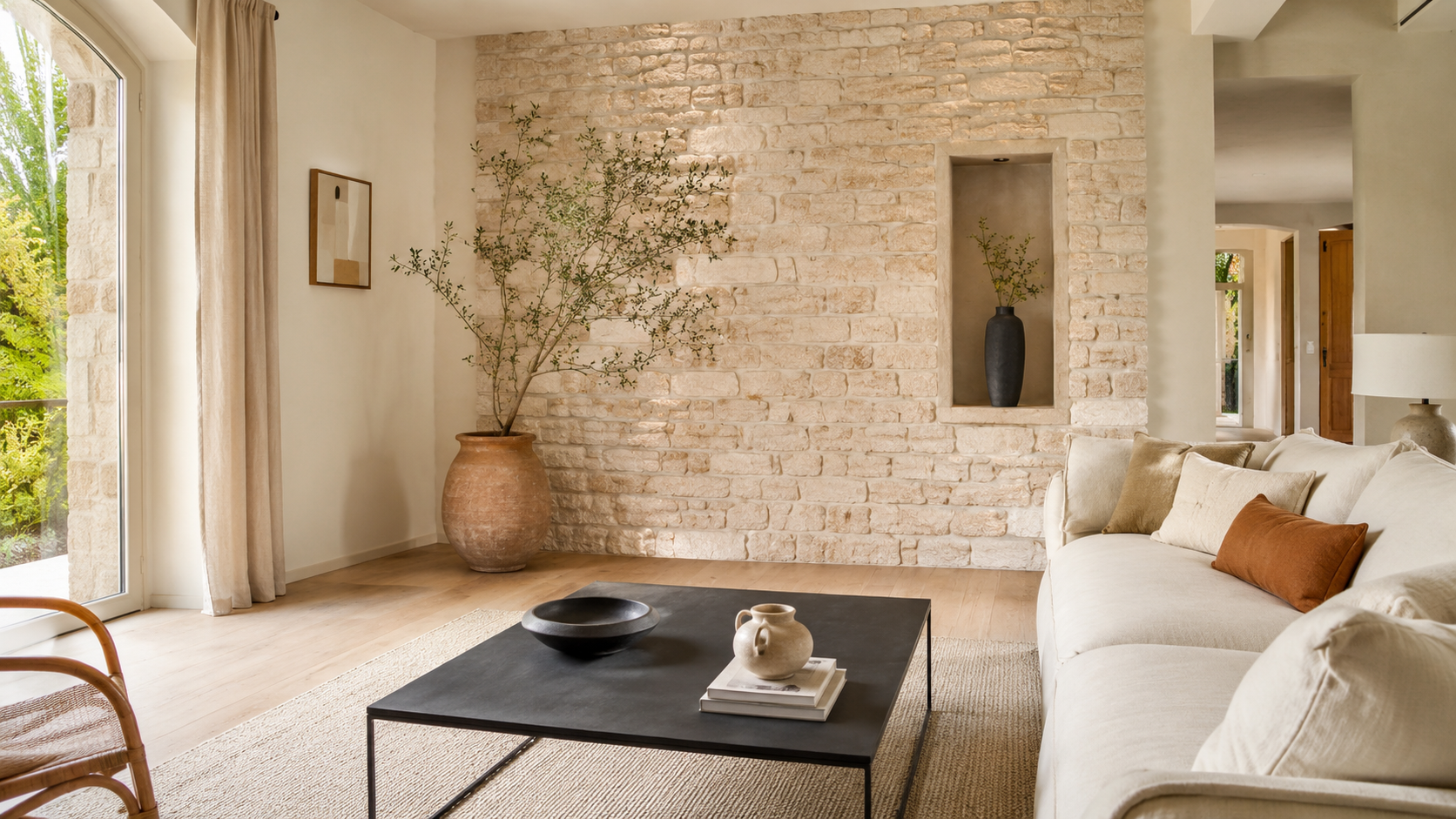 Salon contemporain lumineux avec mur en parement pierre naturelle clair