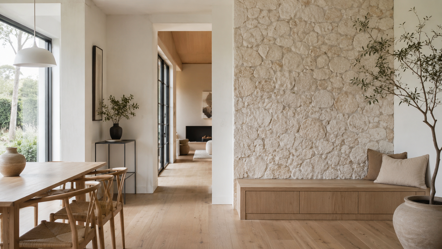 Entrée contemporaine aérée avec mur en parement pierre naturelle