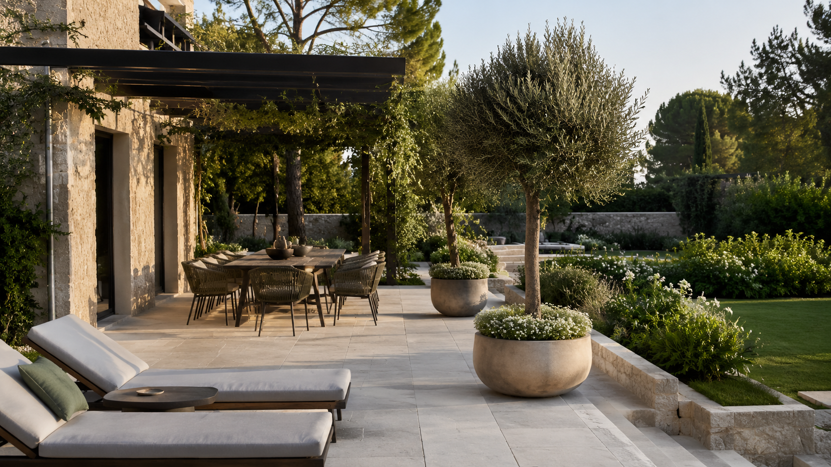 Terrasse élégante en pierre naturelle dans un jardin contemporain